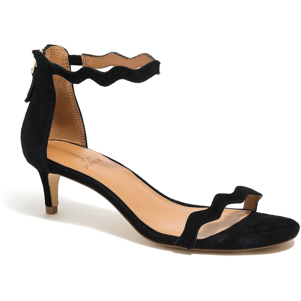 NEW J. Crew Strappy Scalloped Suede Kitten Heels Ankle Straps - Black | Size 7